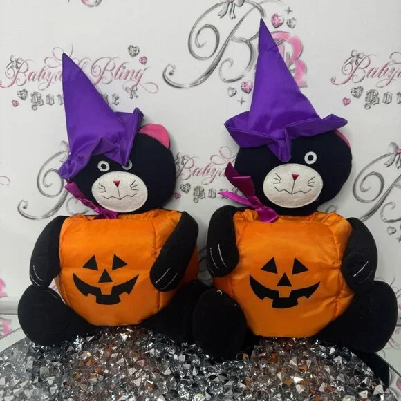 AVON Plush Halloween Black Cat Witch Wizard Pumpkin Candy Bucket Party vintage